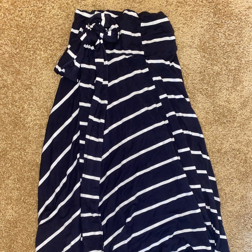 Navy blue striped midi skirt